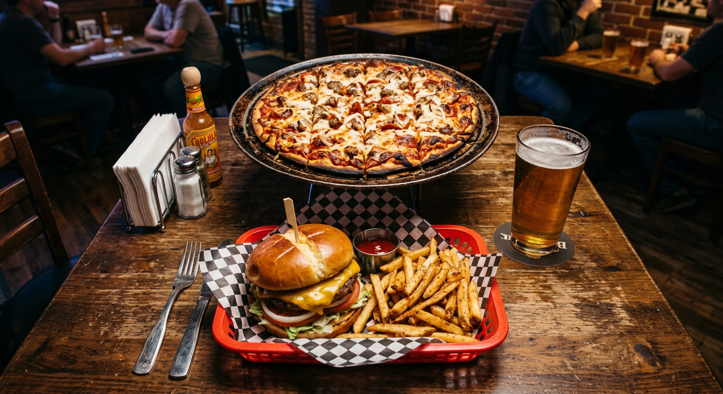 A tavern-style pizza, a cheeseburger with fries, and a cold pint of beer